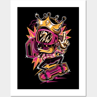 Skateboarding Monster with Crown, Boombox and Goggles Posters and Art